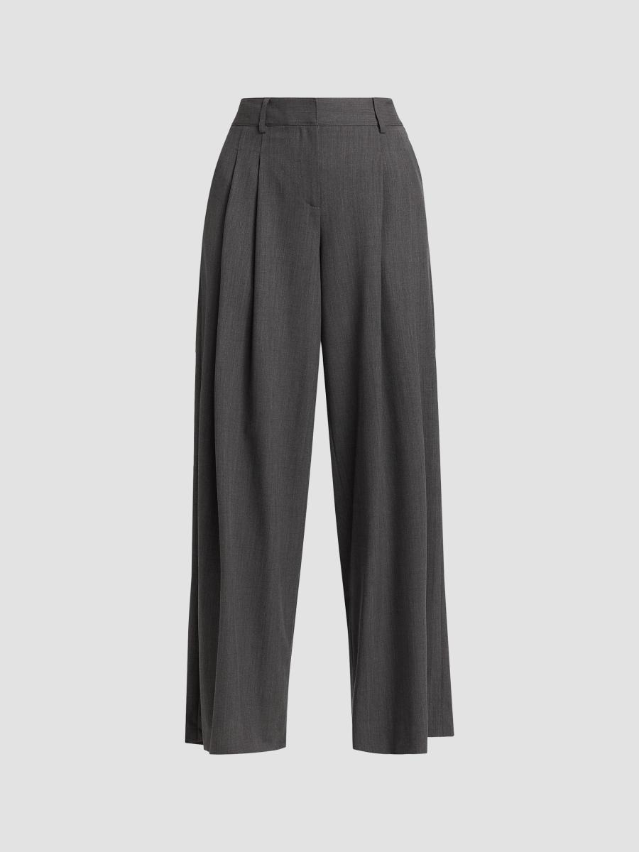 Grey Pleated Wide-Leg Wool Trousers