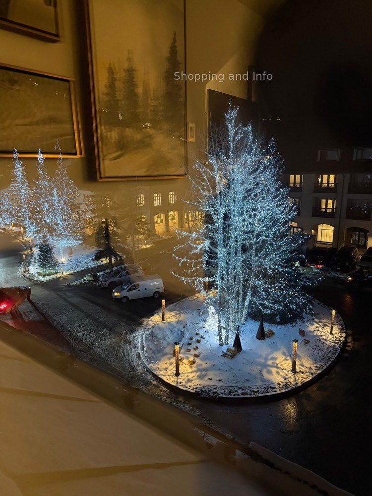 blue lit snowy trees on a Vail evening holiday party dresses