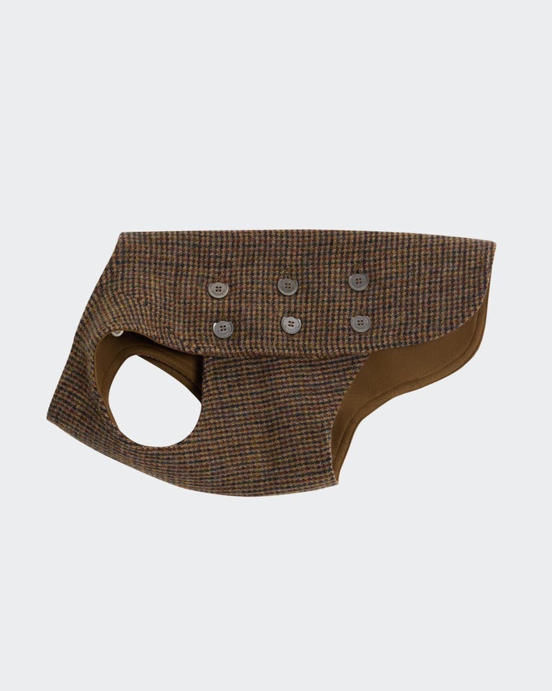 Brown houndstooth dog vest with double-breasted button details
