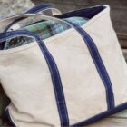 Navy L.L.Bean Boat and Tote styled with plaid for fall