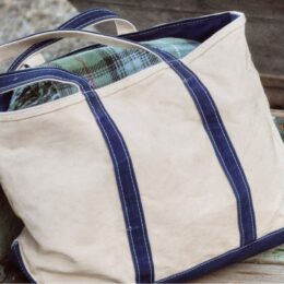 Navy L.L.Bean Boat and Tote styled with plaid for fall