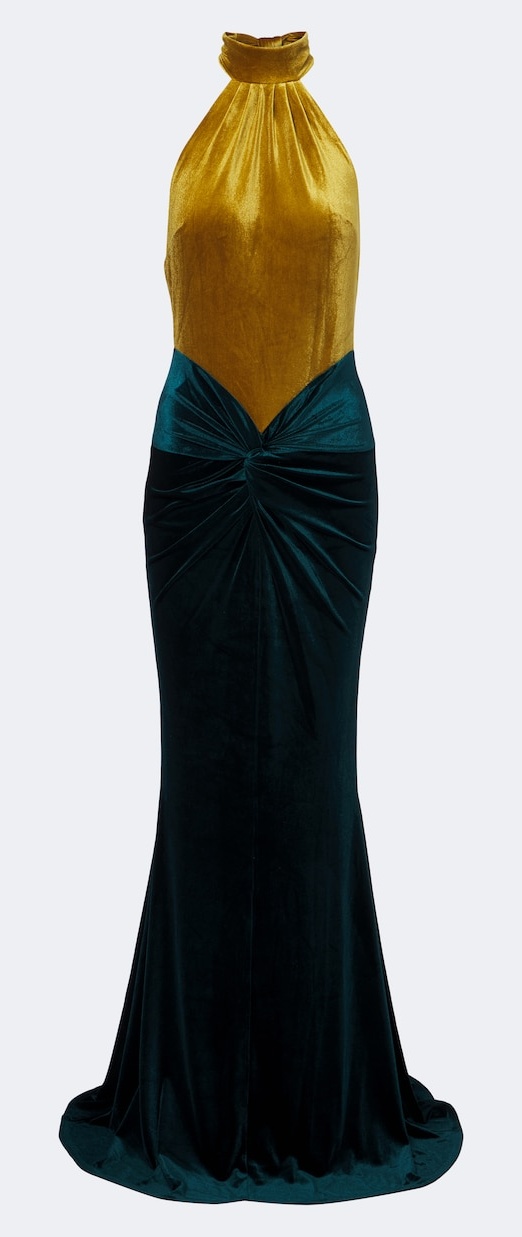 Retrofête Goleta ochre and teal velvet halter gown