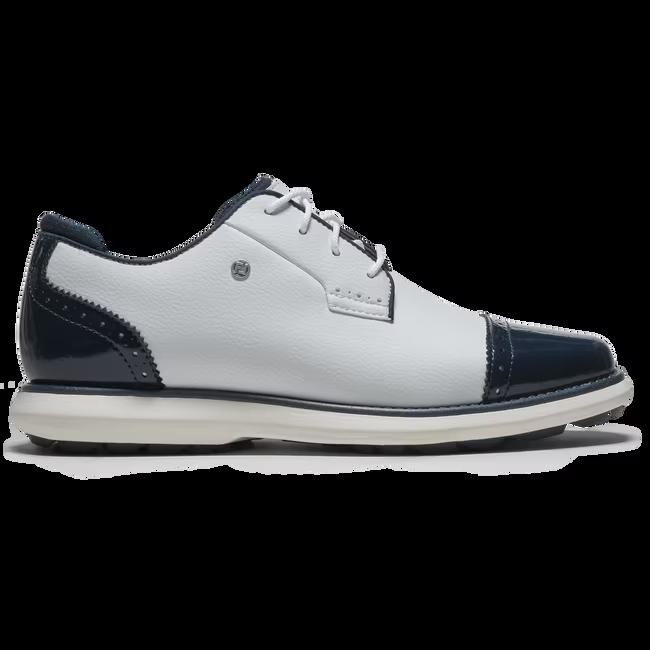 White and Navy FootJoy Traditions cap-toe spikeless golf shoes