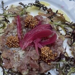 Le Procope dish with pink onions, mustard seeds and greens from our Paris meal