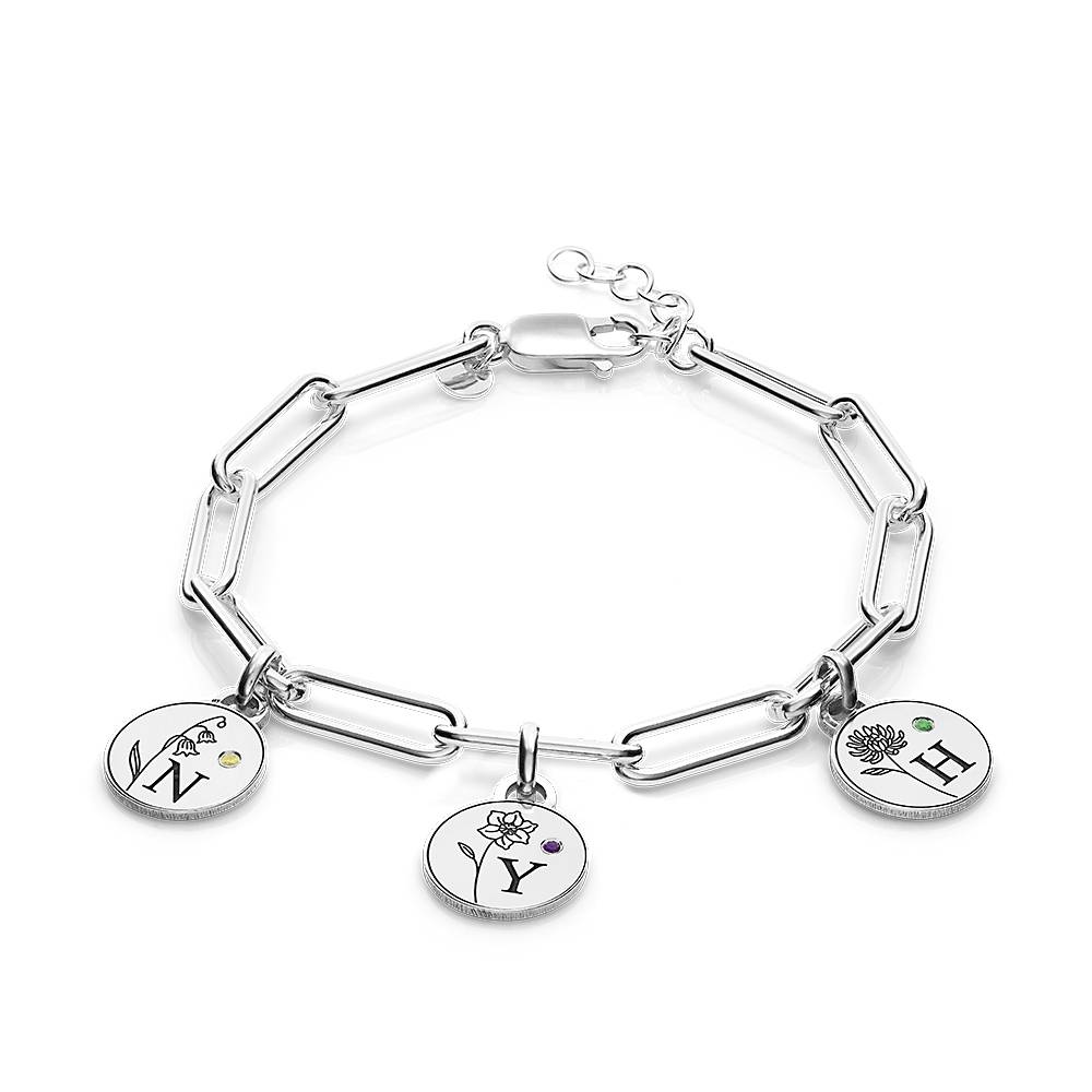 Prairie Birth Flower and Birthstone Initial Charm Bracelet in Silver - Best Personalized Bracelets That Truly Say It All Prairie Birth Flower and Birthstone Initial Charm Bracelet in Silver - Best Personalized Bracelets That Truly Say It All