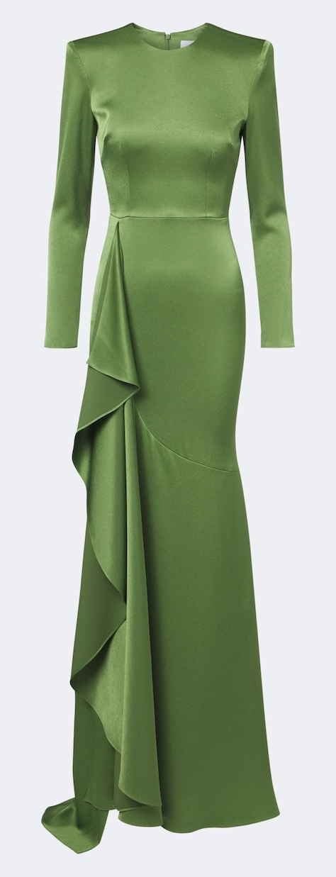 Alex Perry fern-green draped satin long-sleeve gown