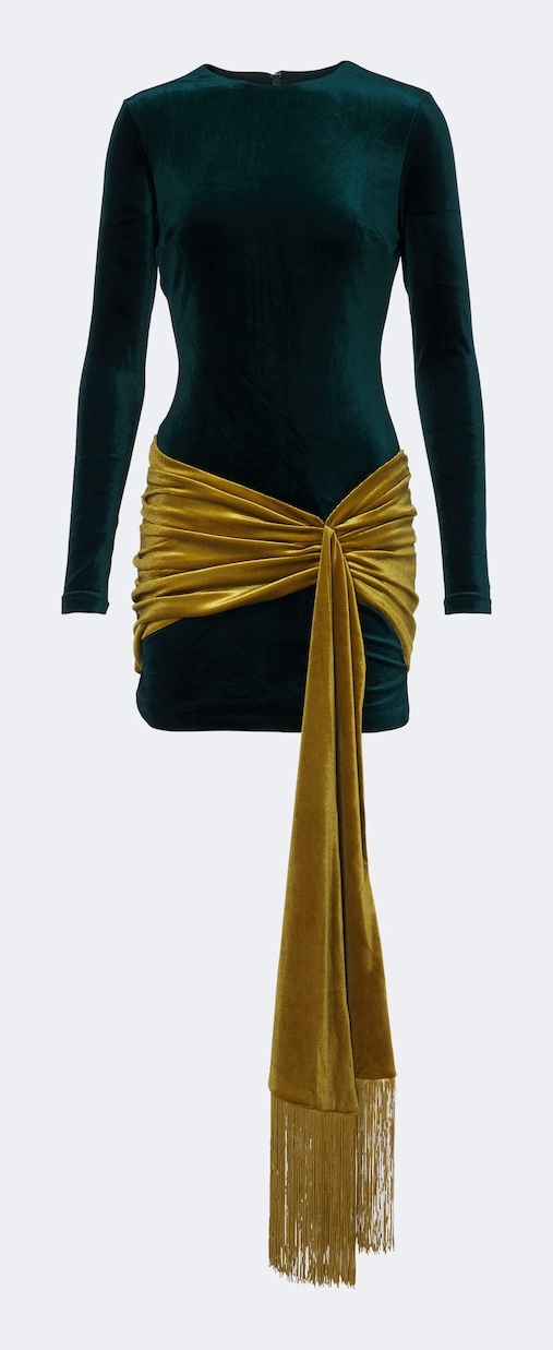 Retrofête Jackson teal velvet long-sleeve mini with ochre sash