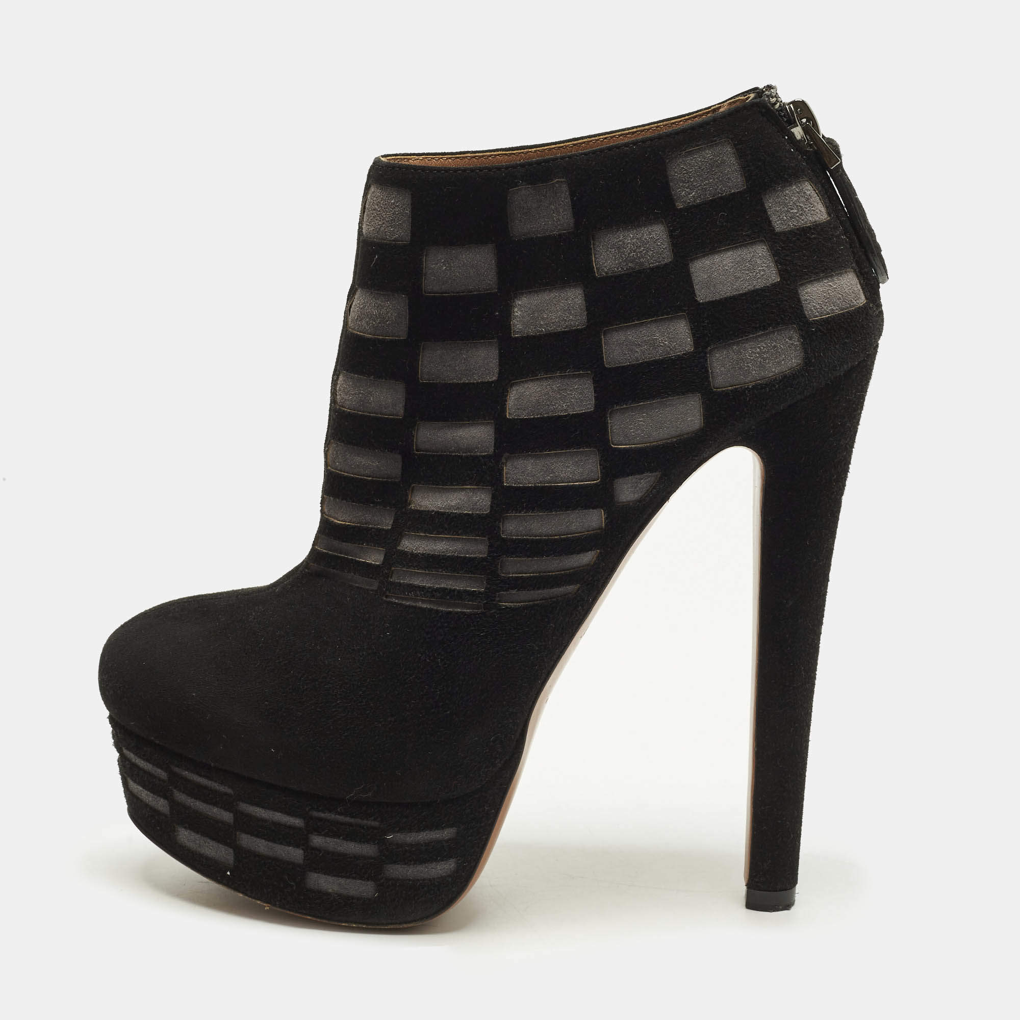 Pre-owned Alaia black and grey laser-cut suede platform ankle boot
