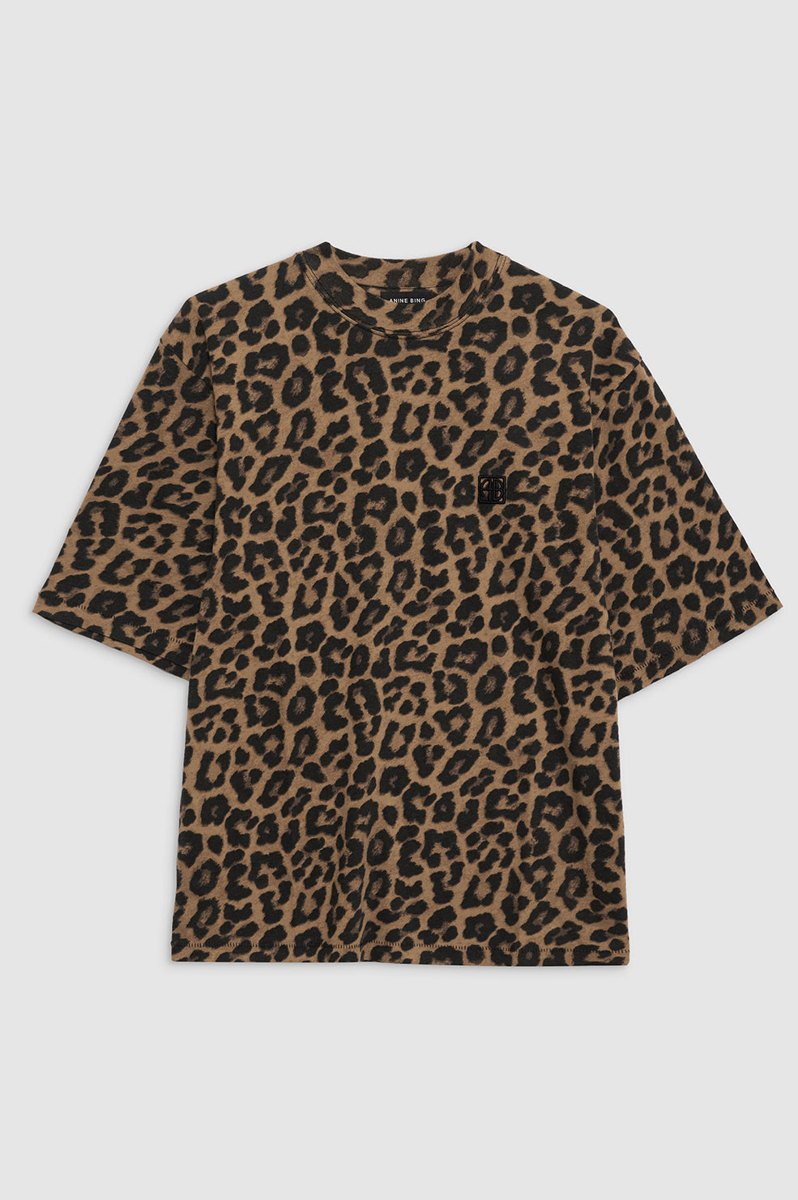 Anine Bing Avi Tee in Black and Brown Leopard