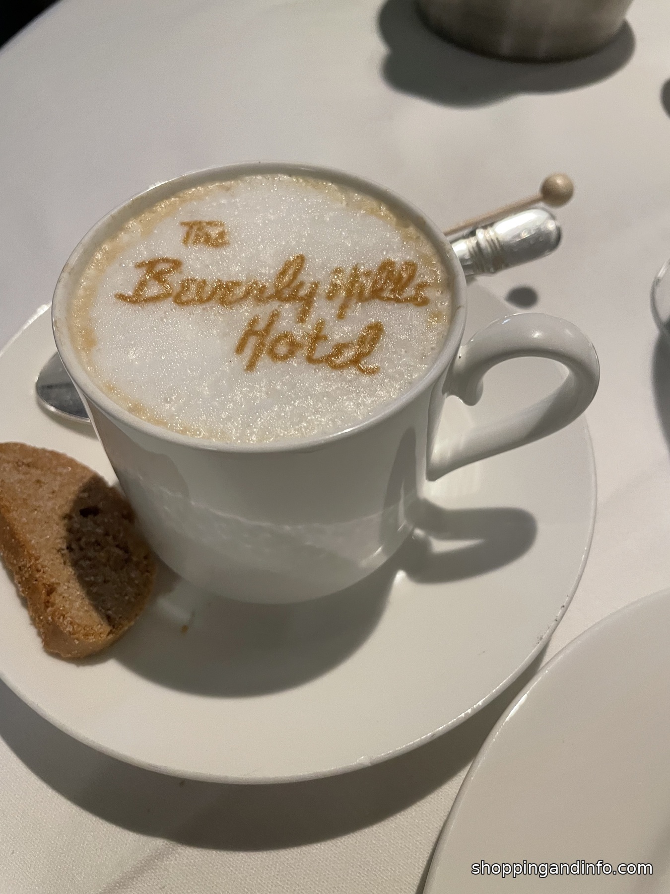 Cappuccino with The Beverly Hills Hotel name at the Polo Lounge