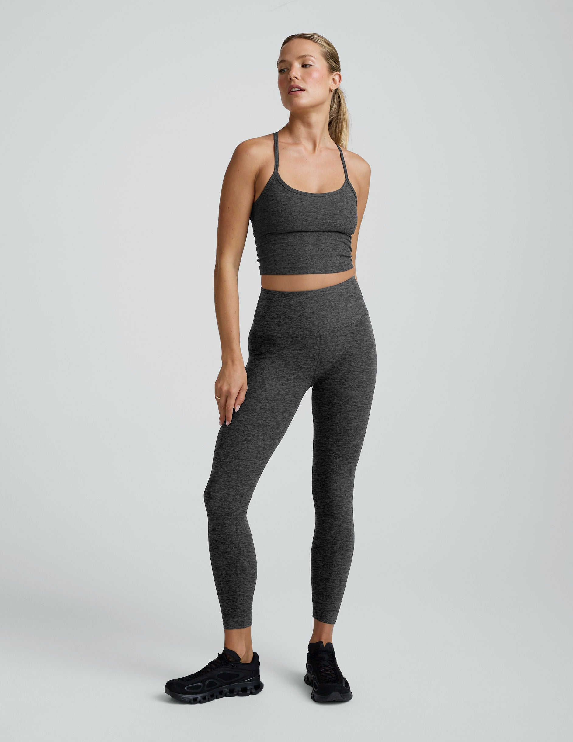 Beyond Yoga Spacedye Slim Racerback Cropped Tank in black charcoal, back view