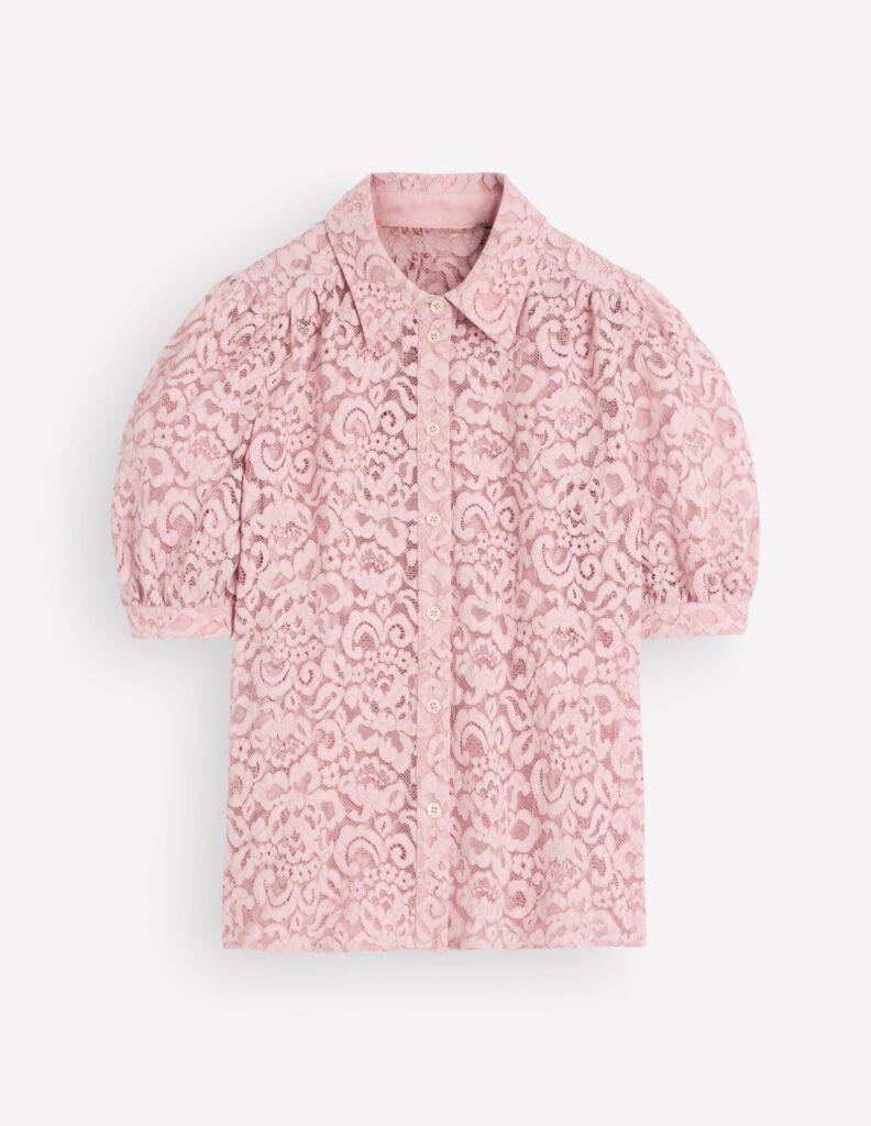 Boden Penelope short sleeve lace top in pink violet flat product shot