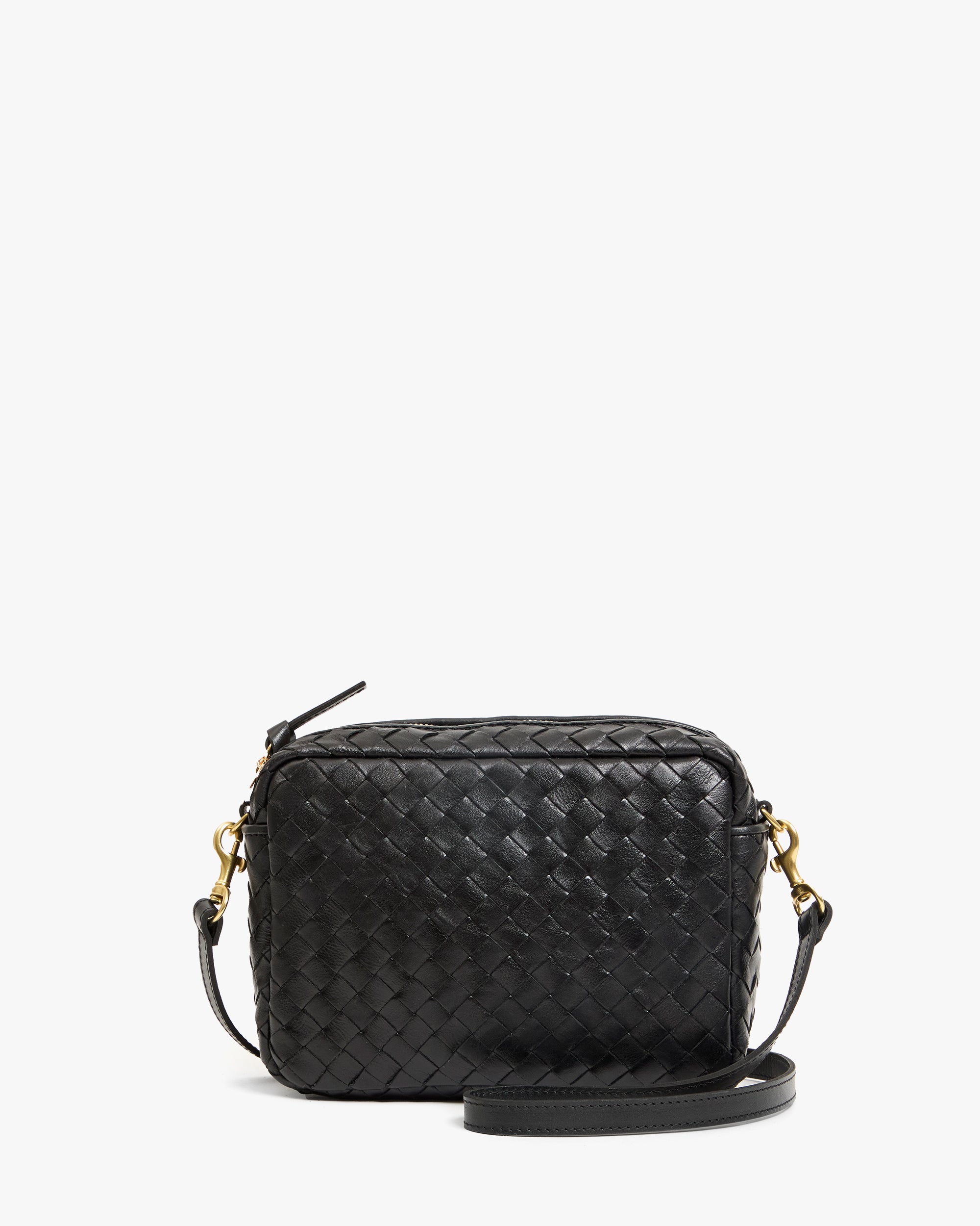 Clare V Midi Sac in black diagonal woven leather