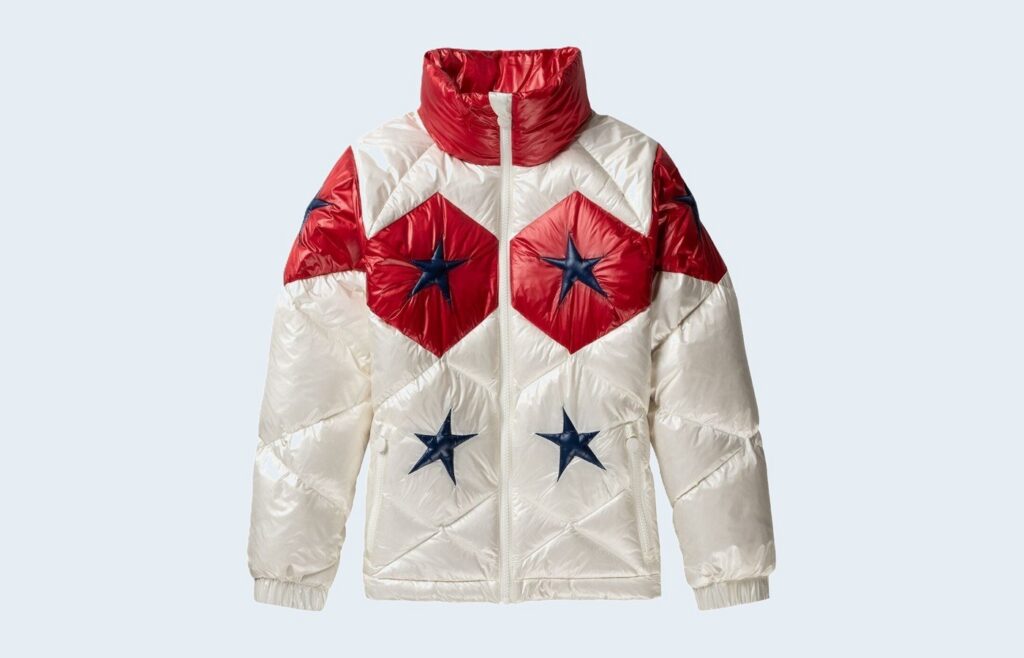 Puffer jacket with red and navy star panels