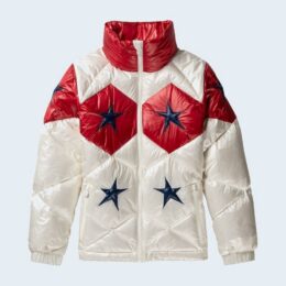 Puffer jacket with red and navy star panels