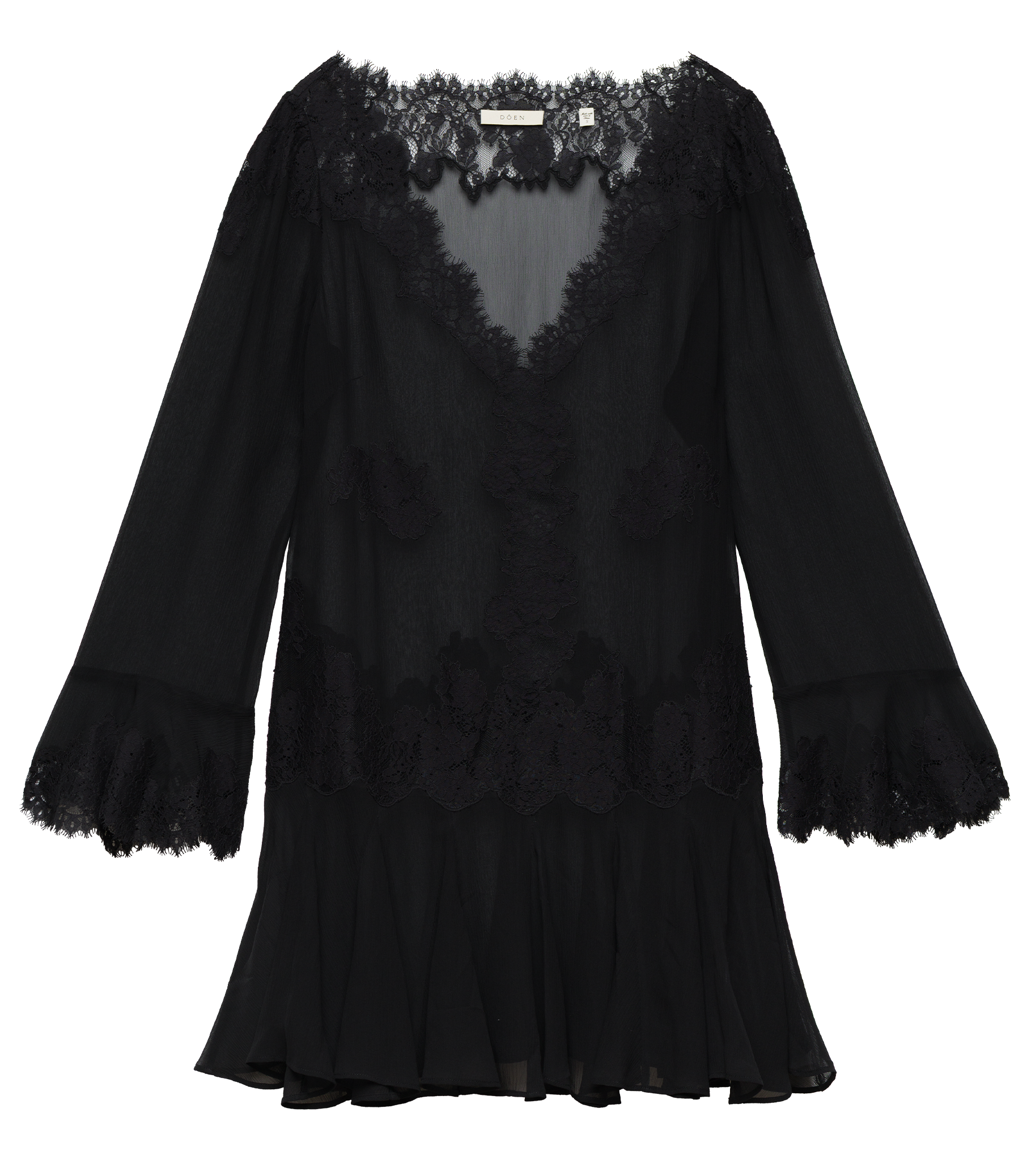 DÔEN Armance Dress in Black silk crinkle chiffon with floral lace