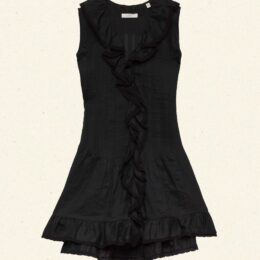 DÔEN Henrietta Dress in Black ramie with lace-trimmed ruffle