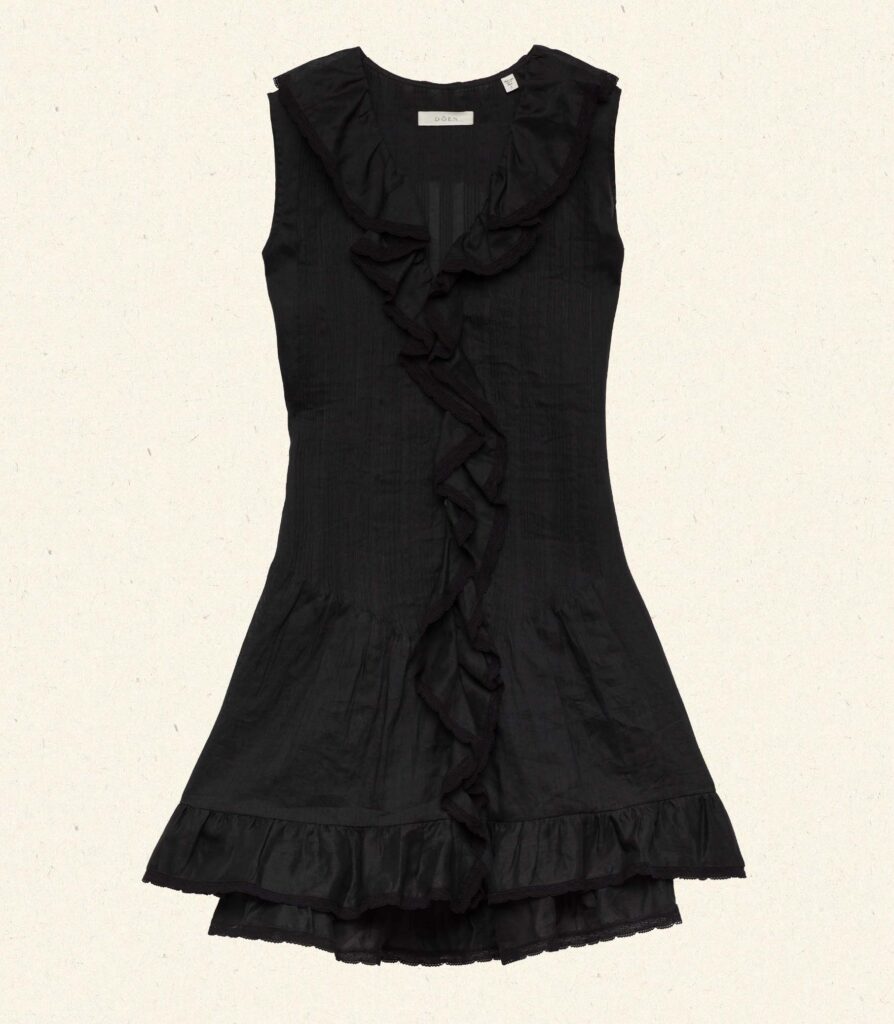 DÔEN Henrietta Dress in Black ramie with lace-trimmed ruffle