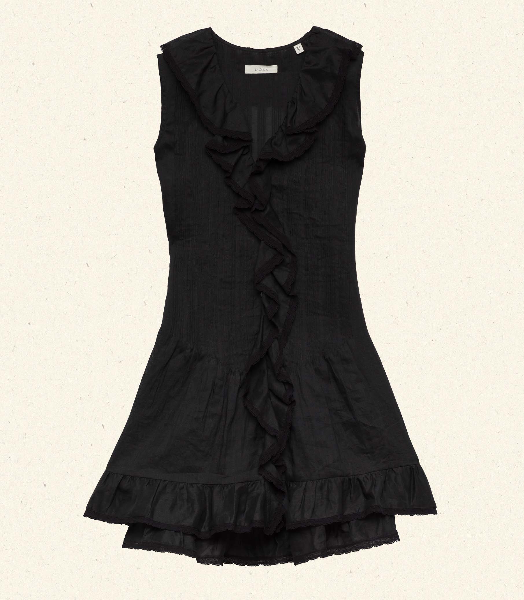 DÔEN Henrietta Dress in Black ramie with lace-trimmed ruffle