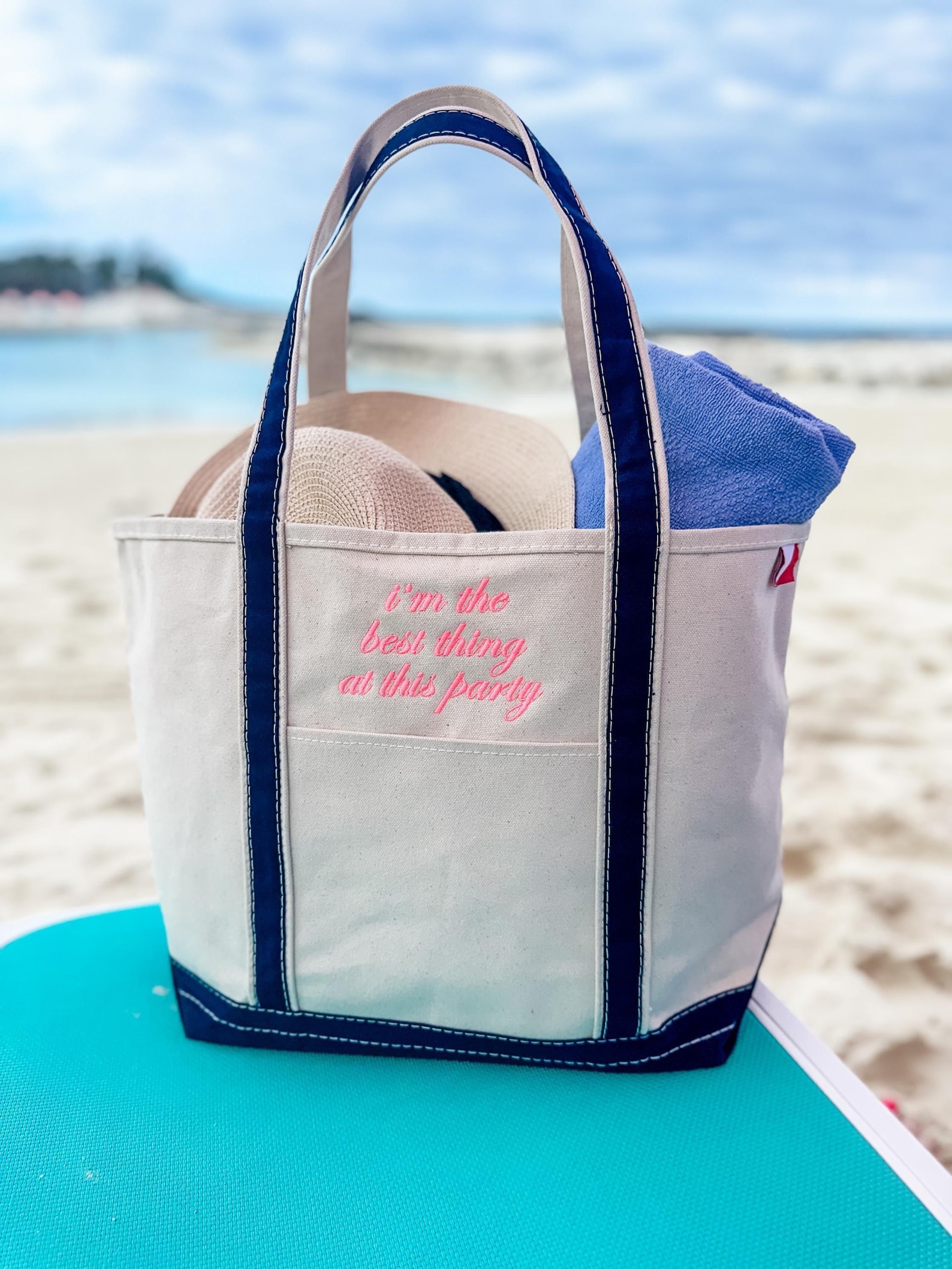 Personalized canvas boat tote with an ironic embroidered phrase - Boatkin Totes with Color, Charms and Character