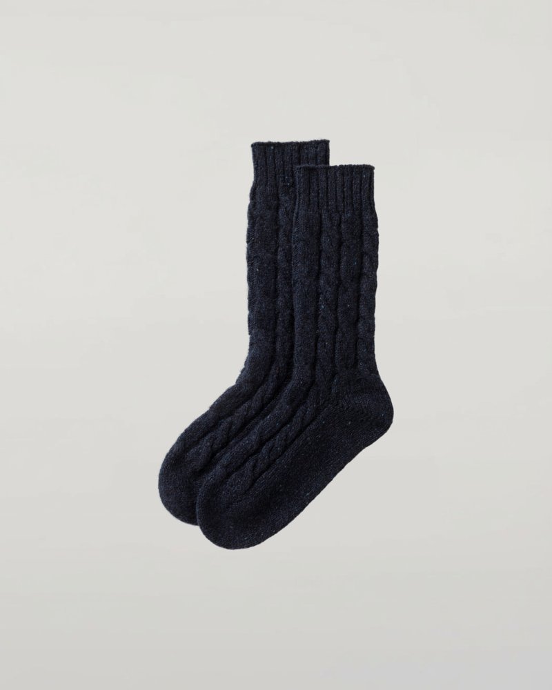 Johnstons of Elgin Cashmere Donegal Cable Socks in Dark Navy - What to Wear in the Scottish Highlands