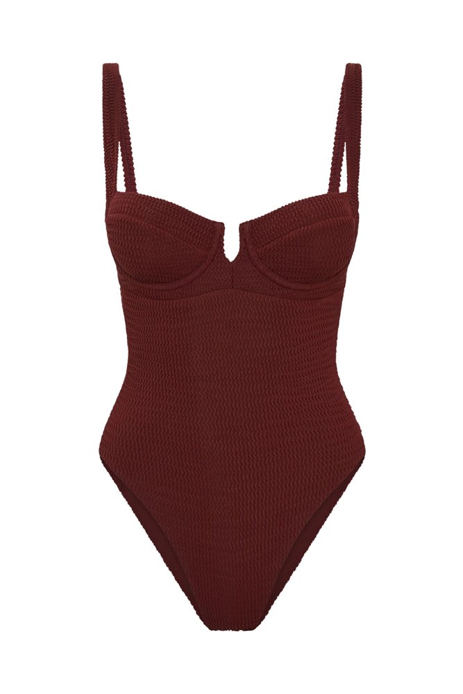 Monday Swimwear Clovelly one-piece in deep burgundy product photo - How to Dress for a Wedding in Mexico