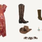 Monica Dutton outfits: floral midi dress, tall western boots, suede cowboy boots, straw rancher hat, concho belt and turquoise earrings