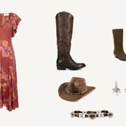 Monica Dutton outfits: floral midi dress, tall western boots, suede cowboy boots, straw rancher hat, concho belt and turquoise earrings
