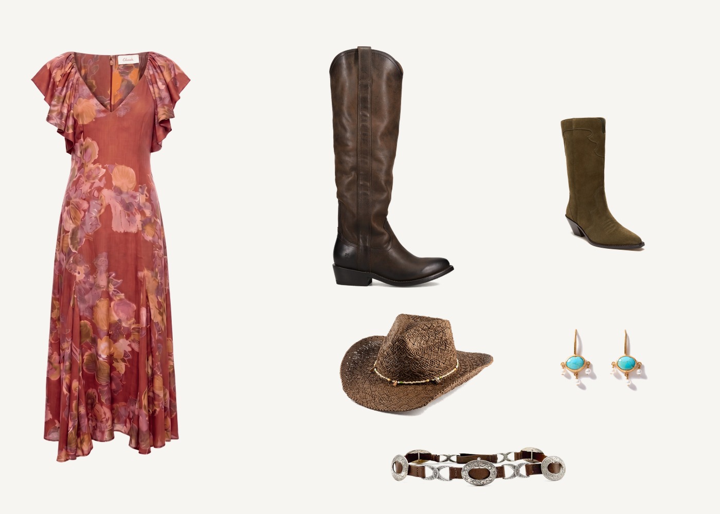 Monica Dutton outfits: floral midi dress, tall western boots, suede cowboy boots, straw rancher hat, concho belt and turquoise earrings Monica Dutton outfits: floral midi dress, tall western boots, suede cowboy boots, straw rancher hat, concho belt and turquoise earrings