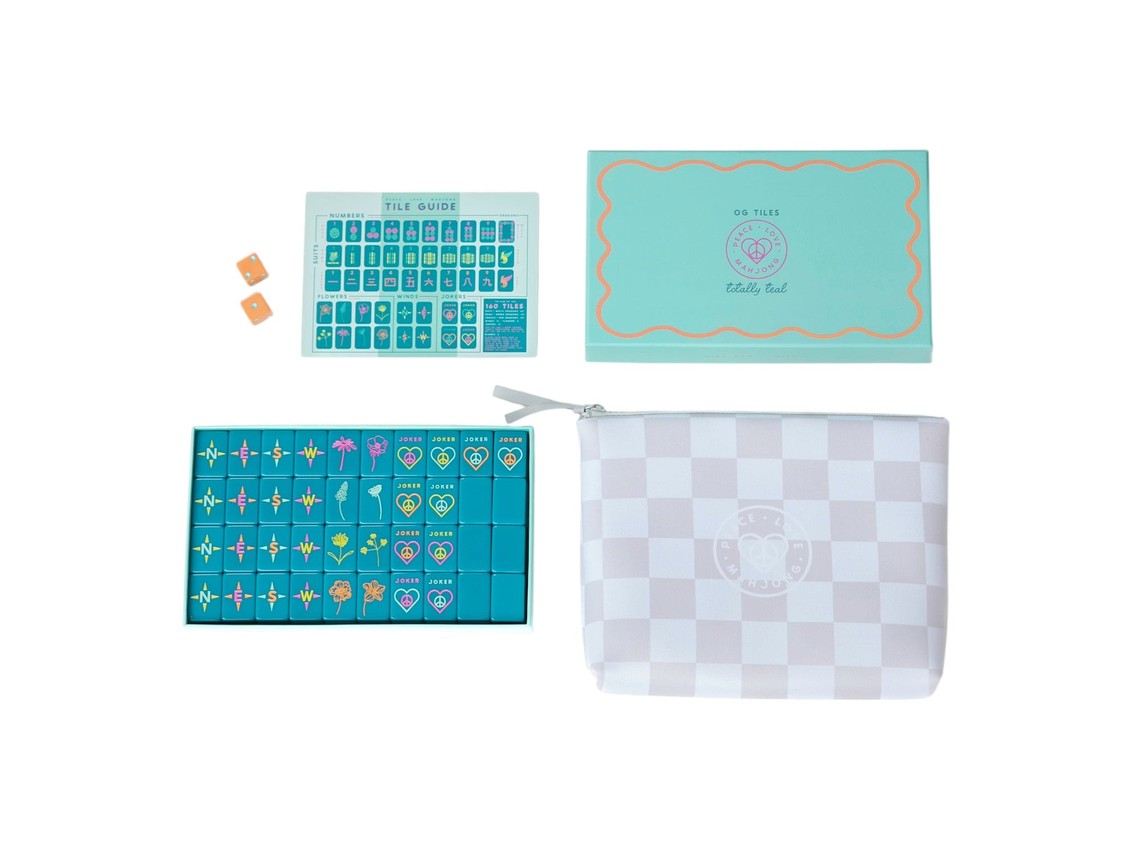 Peace Love Mahjong teal tiles and tile bag