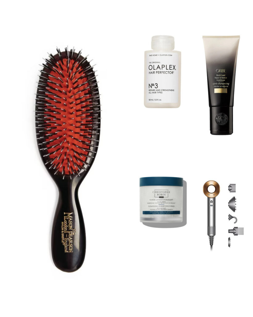 Quiet luxury hair routine edit: hair repair treatment, scalp scrub, repair conditioner, cushion brush and hair dryer