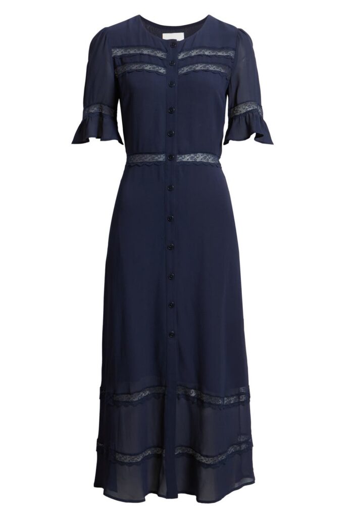 Reformation Woodson Lace Detail Shirtdress in Navy