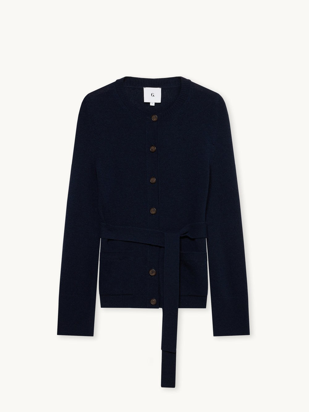 GWYN Navy Wool Cardigan with a Rib-Knit Belt