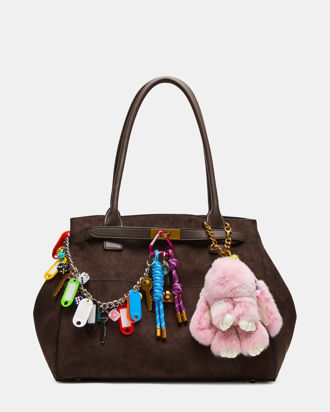 Steve Madden Leilani chocolate faux-suede tote with removable charm strap and pink bunny