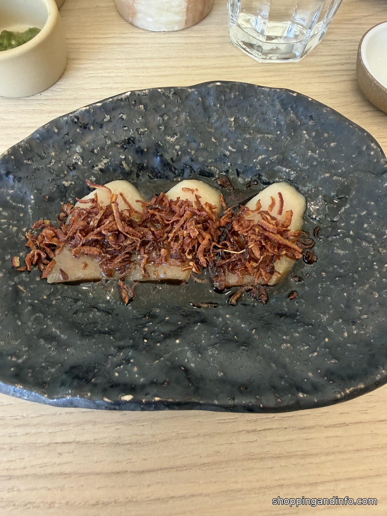 Albacore sashimi with crispy onion at Sora