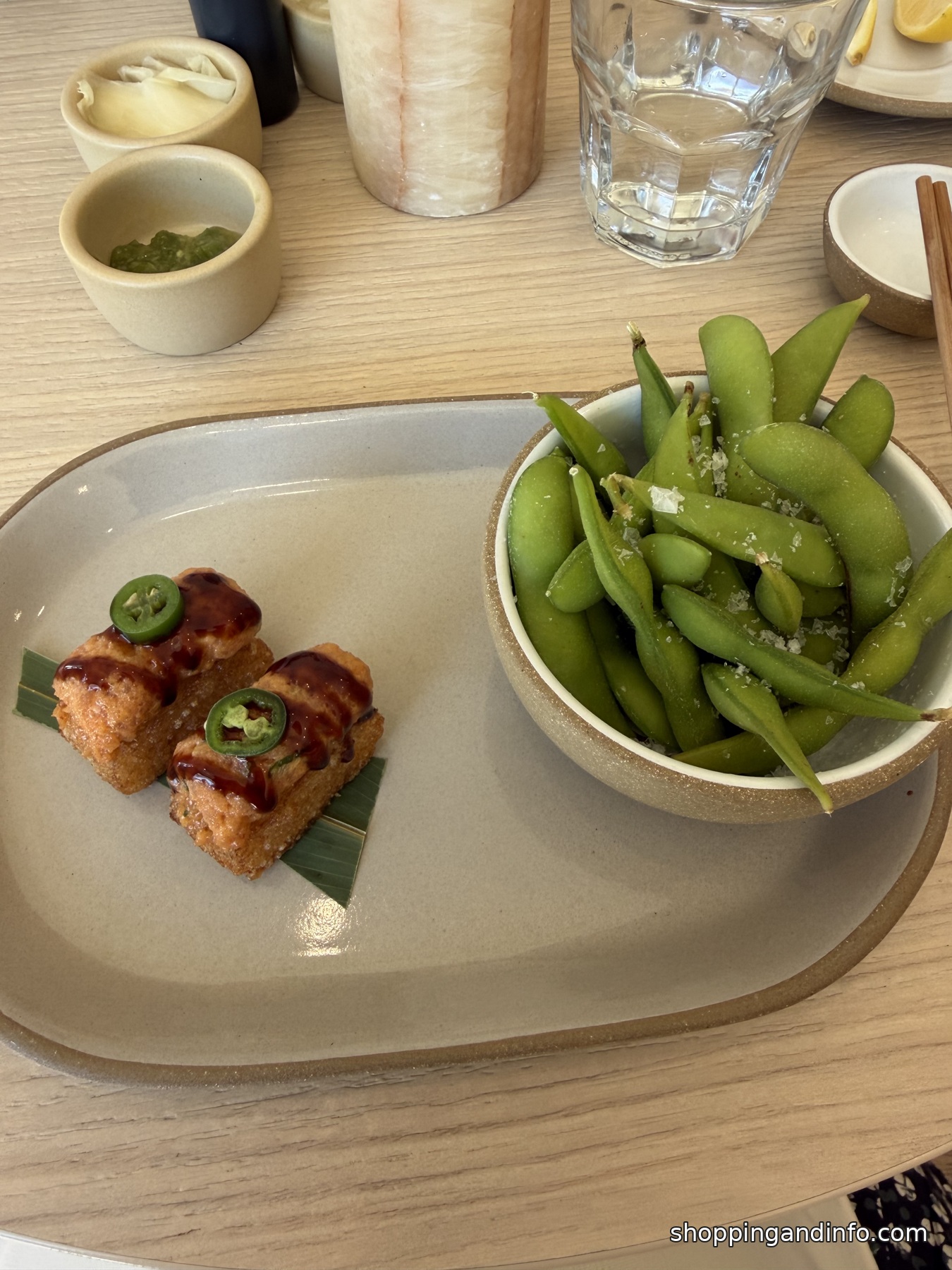 Spicy tuna crispy rice with edamame at Sora