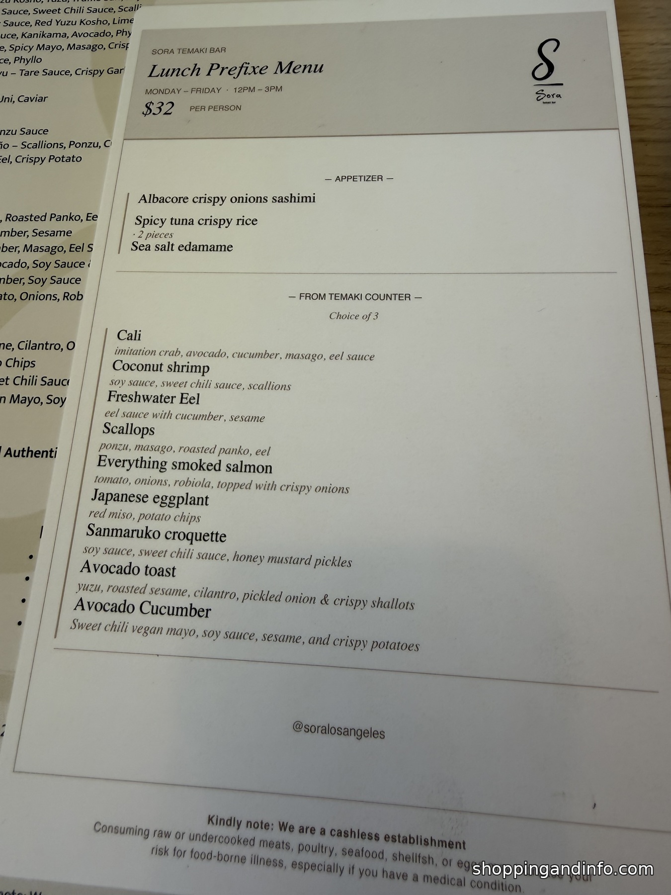 Sora Temaki Bar lunch menu