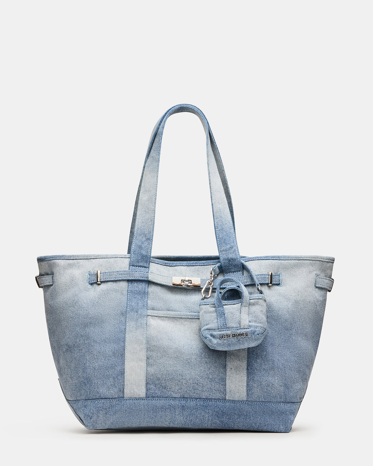 Steve Madden BBOAT structured tote bag in washed denim with matching mini charm bag