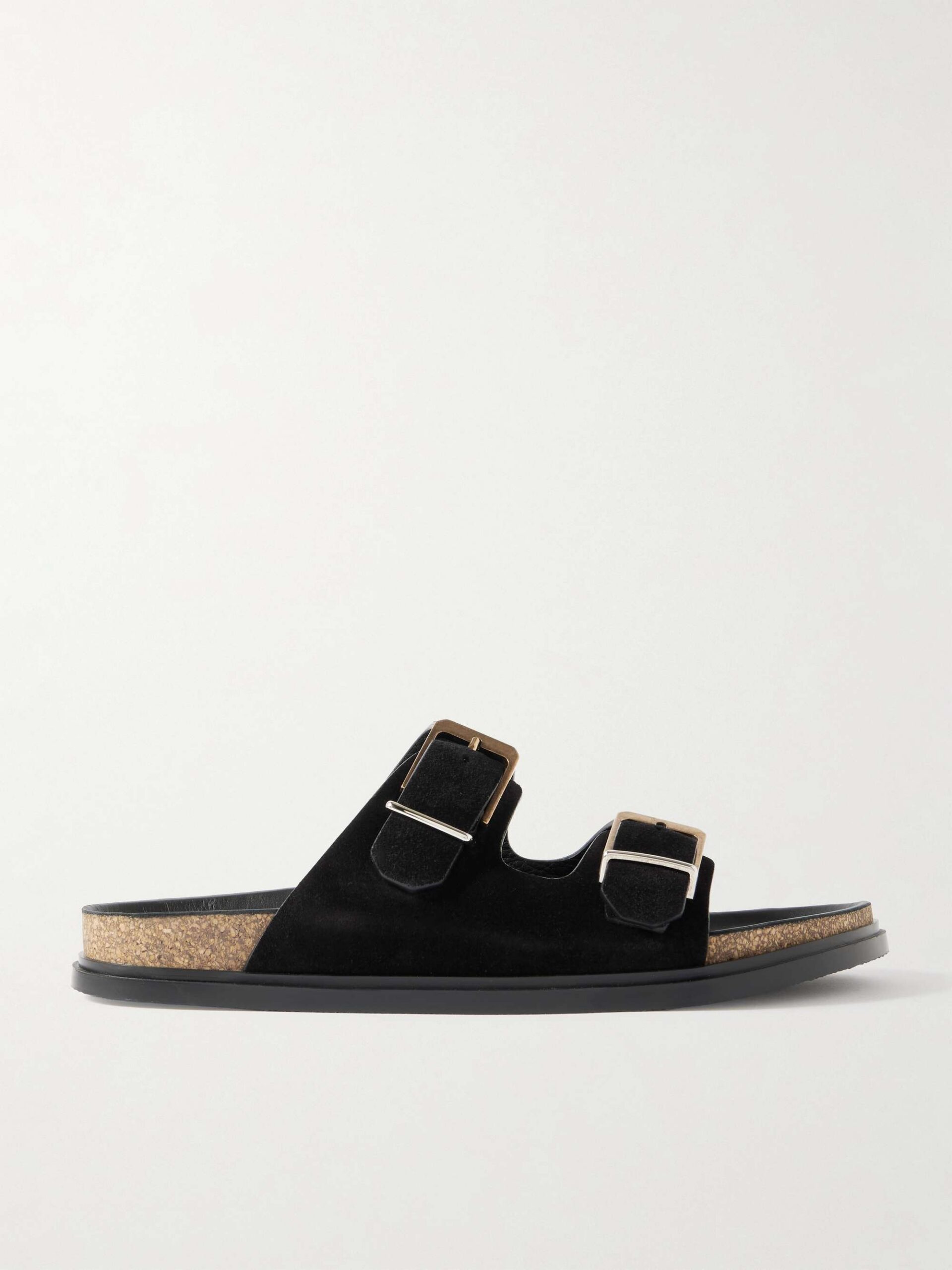 The Row buckled suede slides in black