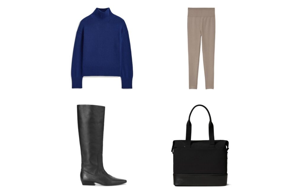 Everlane blue turtleneck, Everlane taupe leggings, STAUD black boot and BÉIS black weekender