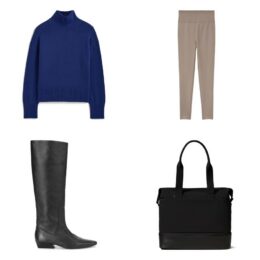 Everlane blue turtleneck, Everlane taupe leggings, STAUD black boot and BÉIS black weekender